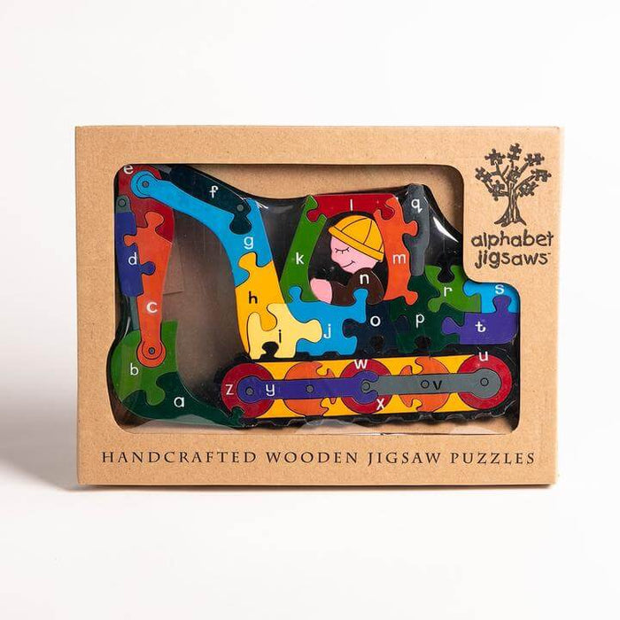 Colorful wooden digger jigsaw puzzle with alphabet letters on each piece, in a cardboard window box.