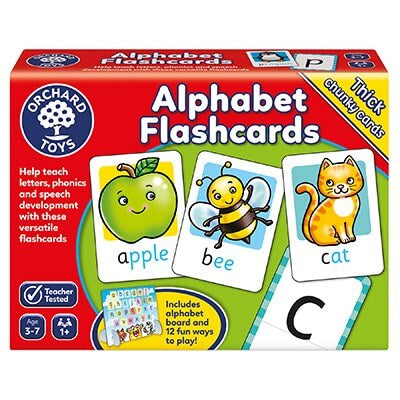 Red Orchard Toys box showing illustrated flashcards for an apple, bee, ginger cat, and the letter C.