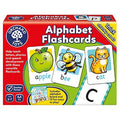 Red Orchard Toys box showing illustrated flashcards for an apple, bee, ginger cat, and the letter C.