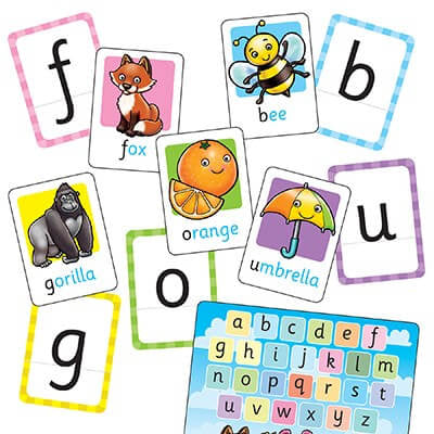 Set of colorful flashcards with lowercase letters and cartoon illustrations like a fox, bee, gorilla, and orange.