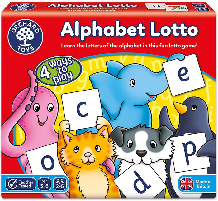 Red game box for Alphabet Lotto featuring colorful cartoon animals holding white letter tiles.