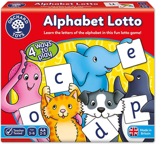 Red game box for Alphabet Lotto featuring colorful cartoon animals holding white letter tiles.