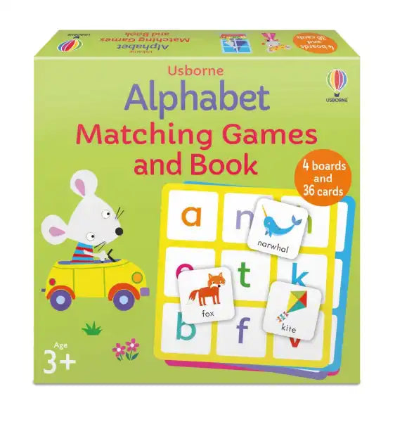 Green box featuring a mouse in a car, colorful letter matching boards, and cards for narwhal, fox, and kite.
