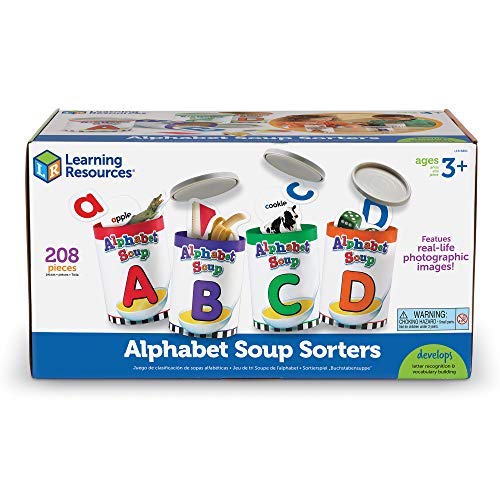 Bright box showing four colorful soup cans labeled A, B, C, and D with matching letter and photographic picture cards.
