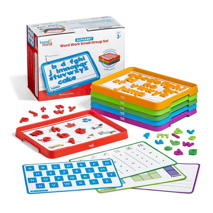 Alphabet set with five colorful stacking trays, magnetic letters, activity cards, and product box on white background.