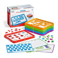 Alphabet set with five colorful stacking trays, magnetic letters, activity cards, and product box on white background.