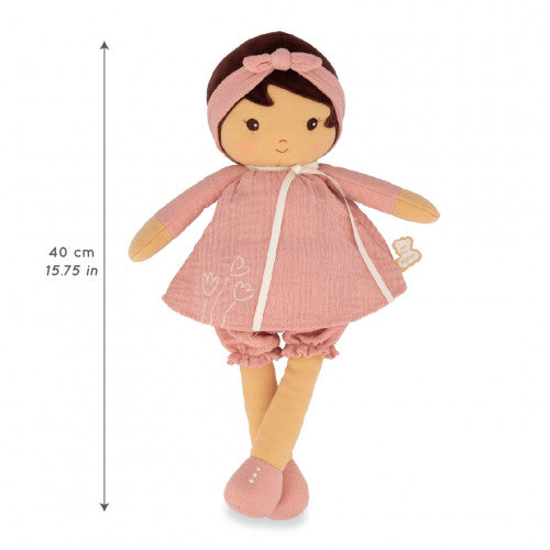 Soft cloth doll with brown hair wearing a pink dress and headband, 40cm height scale shown on the left.