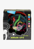 Clear 3D maze ball with colorful tracks inside a black box featuring neon green text and travel icons.