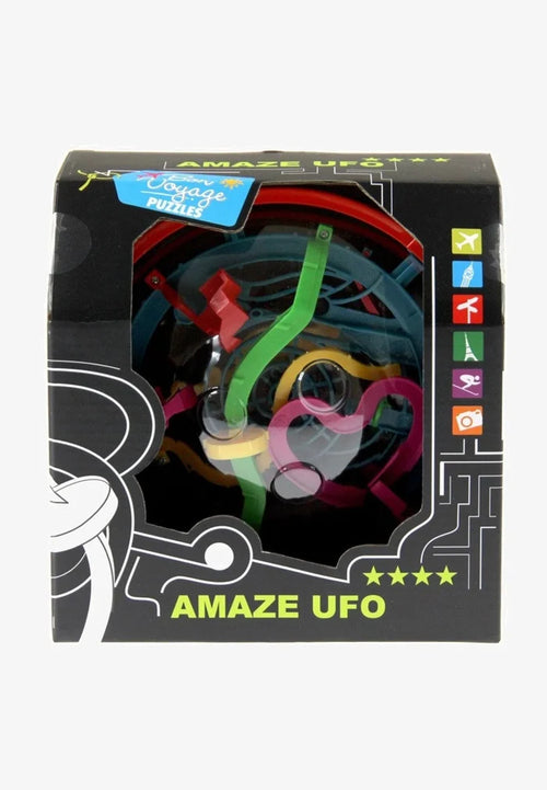 Clear 3D maze ball with colorful tracks inside a black box featuring neon green text and travel icons.