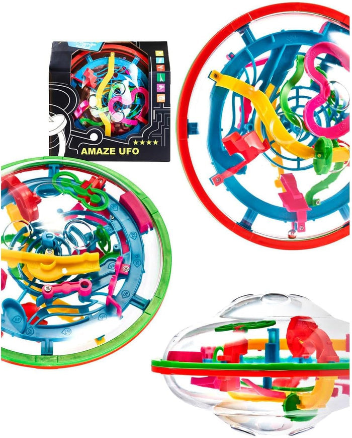 Clear UFO-shaped puzzle ball with multi-colored 3D maze tracks inside, shown from various angles and in its packaging.