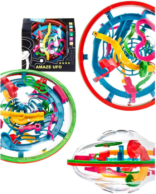 Clear UFO-shaped puzzle ball with multi-colored 3D maze tracks inside, shown from various angles and in its packaging.