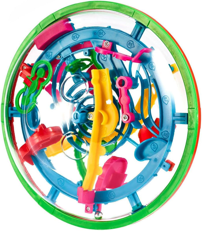 Transparent 3D puzzle globe with a green rim and an intricate maze of colorful blue, pink, and yellow tracks inside.