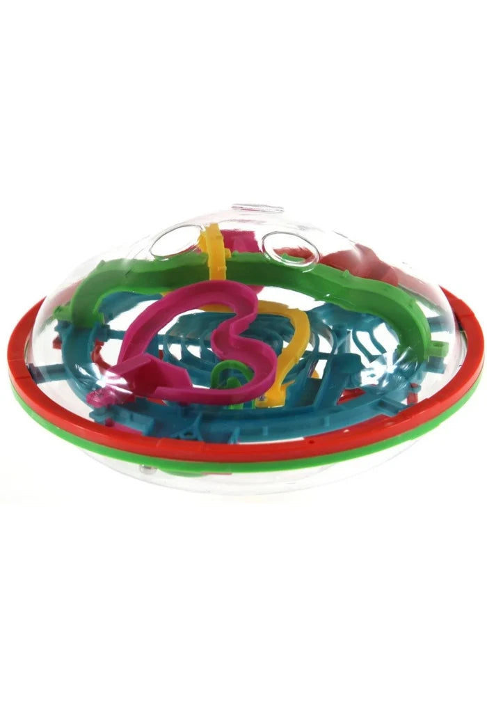 Saucer-shaped clear dome housing a colorful 3D maze with pink, yellow, blue, and green tracks and a small silver ball.