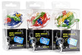 Three disc-shaped 3D maze puzzles in clear boxes with colorful internal tracks and silver keychains.