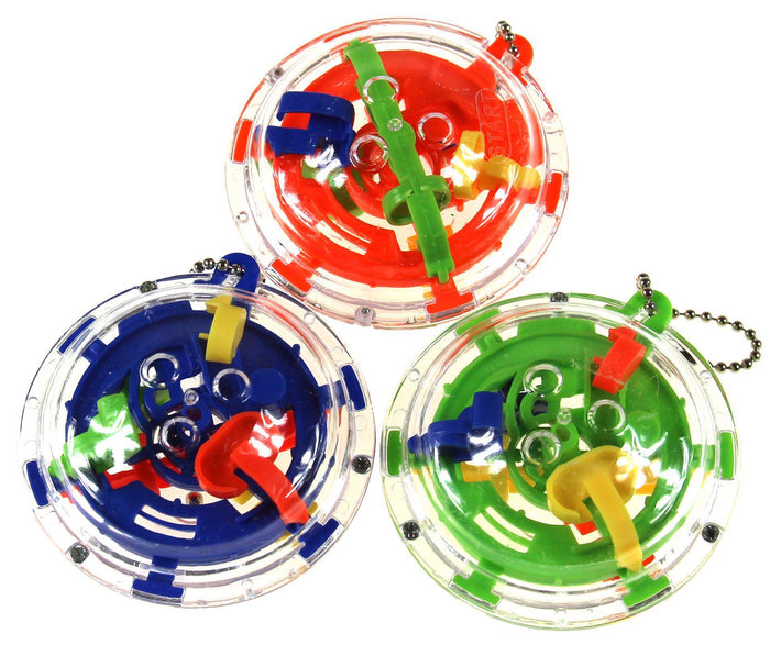 Three clear UFO-shaped handheld maze puzzles with red, blue, and green internal tracks and silver ball chains.