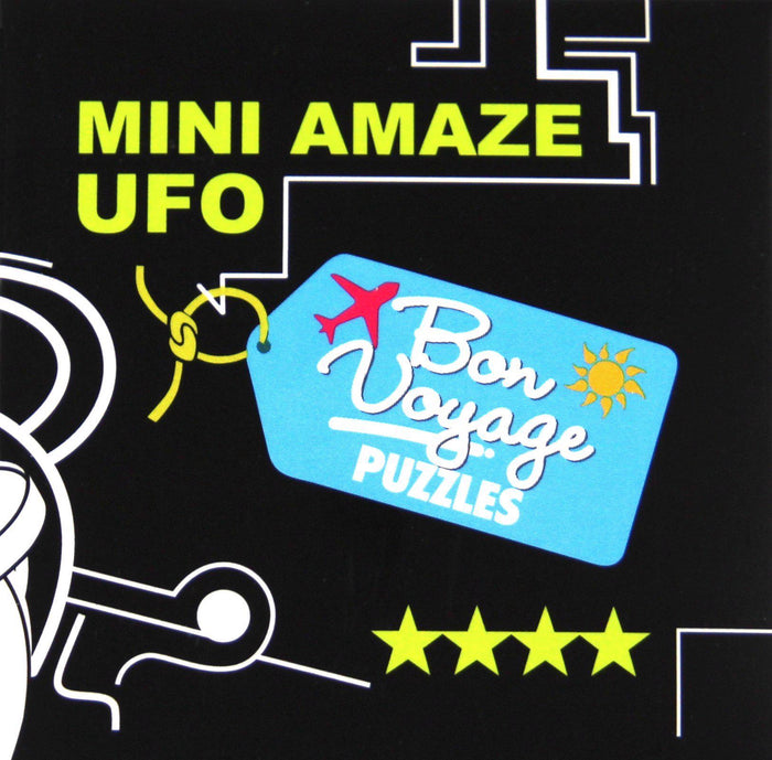 Black box featuring lime green text, a blue luggage tag icon with a red plane, and four yellow stars over silver maze lines.