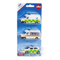 Three white Siku toy ambulances with green and red checkered patterns and blue sirens in a blue blister pack.