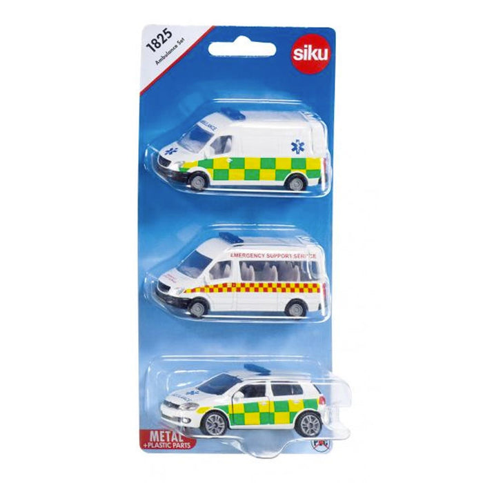 Three white Siku toy ambulances with green and red checkered patterns and blue sirens in a blue blister pack.