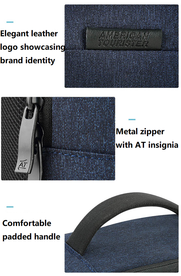 ECOTREK American Tourister GUAM Series backpack with padded straps and multiple compartments, black fabric, front logo detail.
