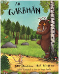 Book cover for An Garbhán featuring a large brown monster behind a birch tree and a small mouse on a forest path.