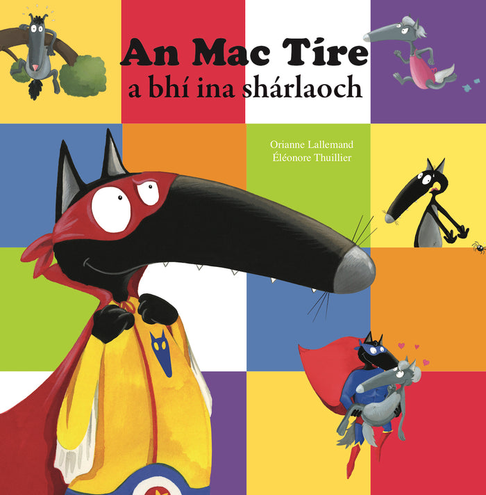 Children's book cover featuring a black wolf in a red superhero mask and cape against a colorful checkered background.