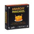 Black square box for Anarchy Pancakes with yellow text and a cartoon pancake stack making rock-on hand signs.
