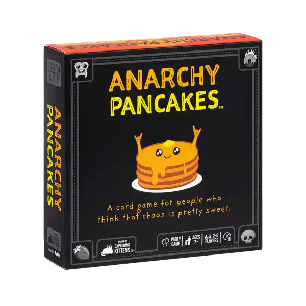 Black square box for Anarchy Pancakes with yellow text and a cartoon pancake stack making rock-on hand signs.