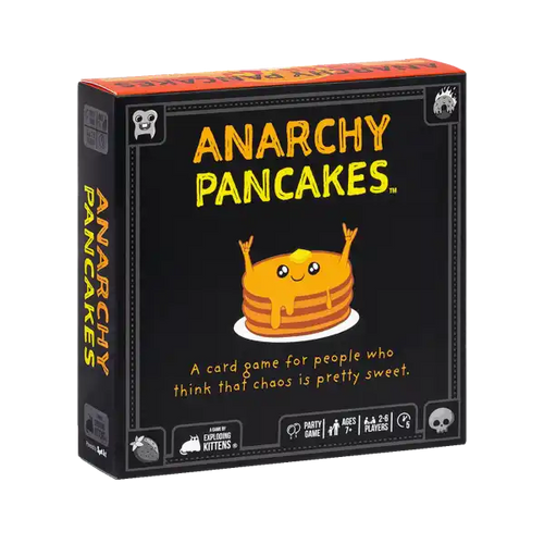 Black square box for Anarchy Pancakes with yellow text and a cartoon pancake stack making rock-on hand signs.