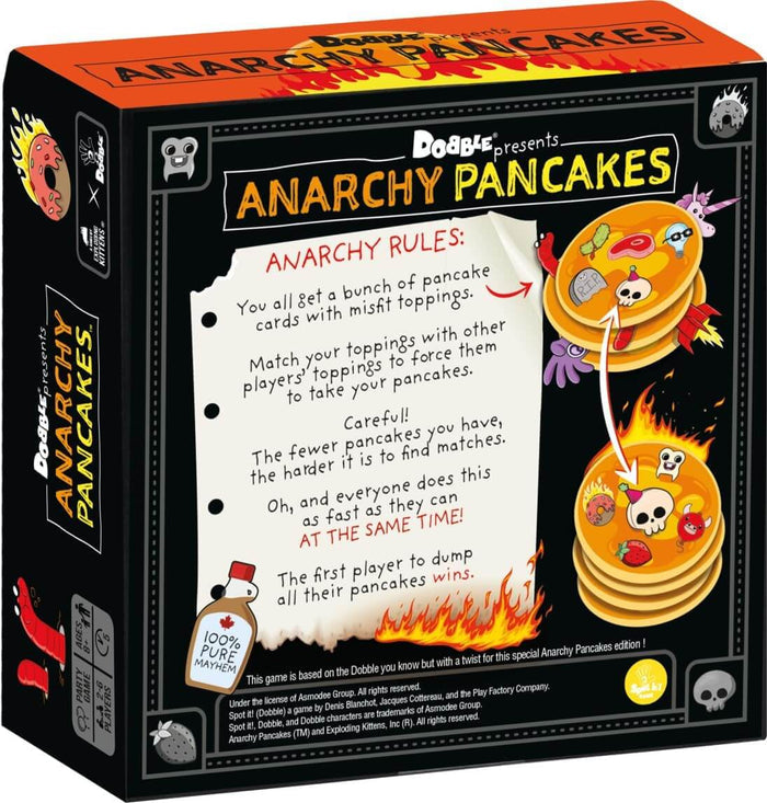 Black box for Anarchy Pancakes card game featuring yellow title text and cartoon pancakes with bizarre misfit toppings.