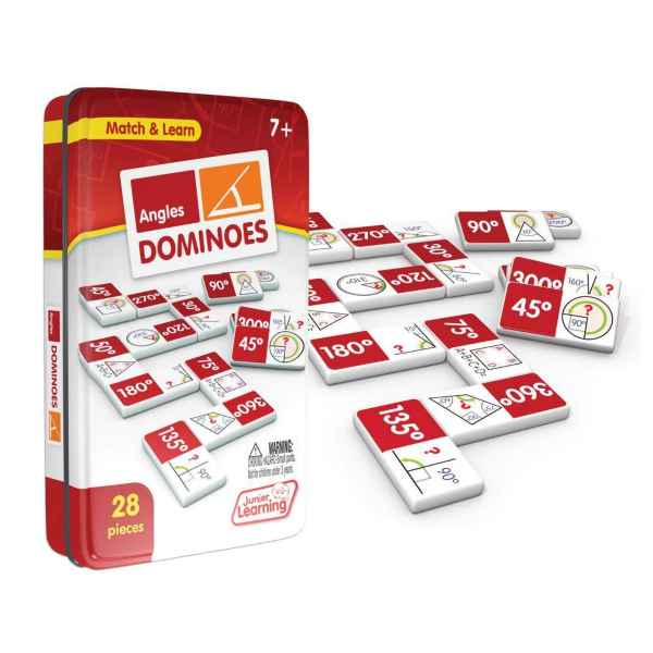 Angles Dominoes set in a red and white metal tin with white tiles showing angle degrees and geometric diagrams.