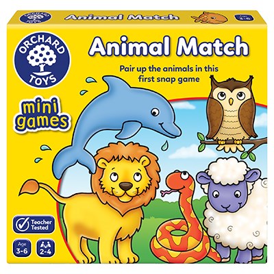 Yellow Orchard Toys Animal Match box featuring a blue dolphin, brown owl, yellow lion, orange snake, and a lilac sheep.