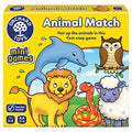 Yellow Orchard Toys Animal Match box featuring a blue dolphin, brown owl, yellow lion, orange snake, and a lilac sheep.