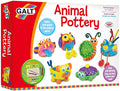 Red box showing colorful finished clay animal pots like a snail and owl, plus paint pots and air-drying clay.