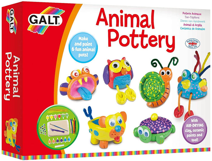 Red box showing colorful finished clay animal pots like a snail and owl, plus paint pots and air-drying clay.