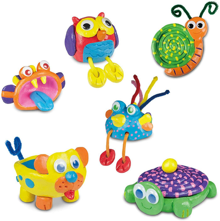 Six colorful clay animal figures: a snail, turtle, bird, owl, dog, and monster with googly eyes and pipe cleaners.