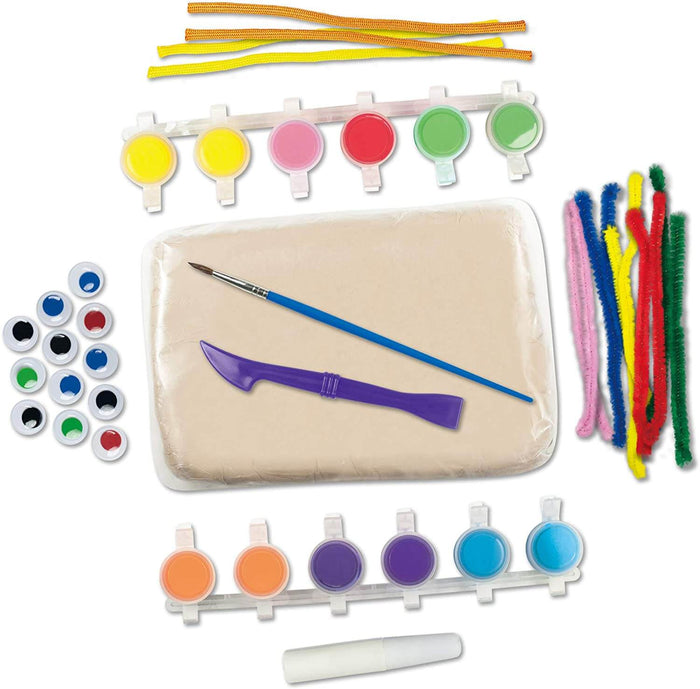Pottery craft kit with beige clay, 12 paint colors, tools, googly eyes, pipe cleaners, and colorful strings.