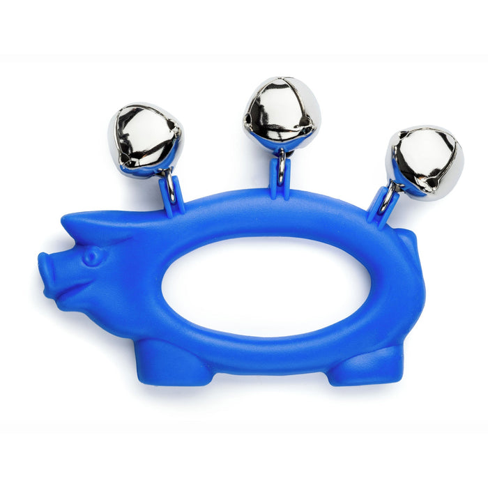 Blue pig-shaped plastic rattle with three shiny silver jingle bells attached along the top ridge.