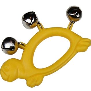 Yellow plastic turtle-shaped handbell with three silver metal jingle bells attached to its shell.