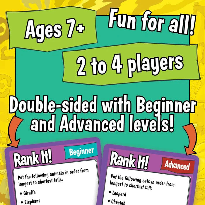 Green and yellow graphic showing game specs and sample cards for beginner and advanced animal ranking trivia.