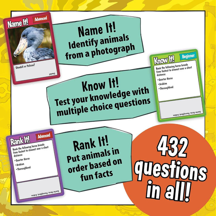 Graphic showing red, green, and purple animal trivia cards with 432 questions total in an orange circle.
