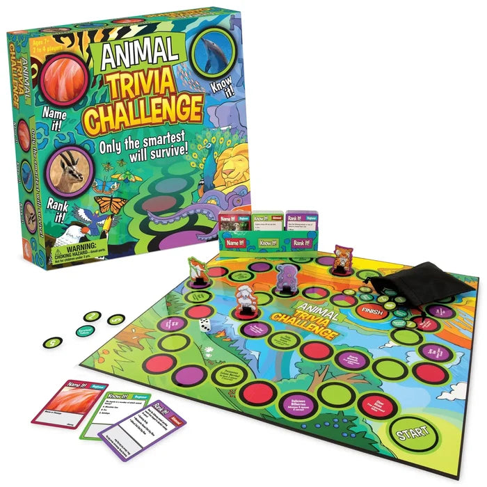 Colorful board game box with animal art next to a matching game board, cards, tokens, and cardboard character standees.