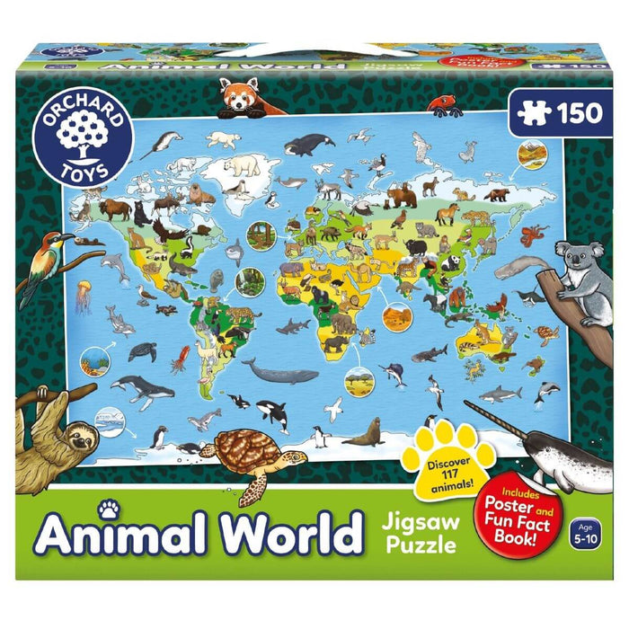 150-piece puzzle box showing a colorful world map covered in animal illustrations, with a sloth and koala.