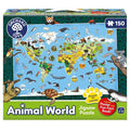 150-piece puzzle box showing a colorful world map covered in animal illustrations, with a sloth and koala.