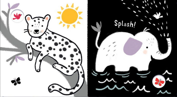 High-contrast baby book pages featuring a black-spotted leopard and a white elephant splashing water.