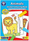 Orchard Toys Animals Sticker Colouring Book cover featuring a yellow lion, butterfly sticker, and pencils for ages 3+.