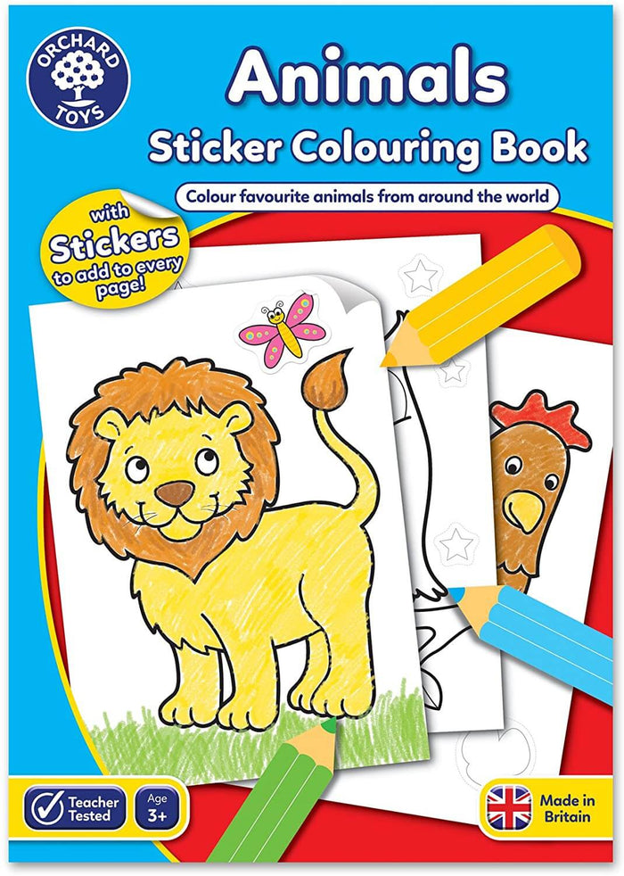 Orchard Toys Animals Sticker Colouring Book cover featuring a yellow lion, butterfly sticker, and pencils for ages 3+.