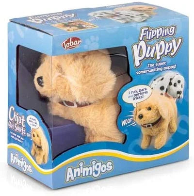 Plush golden labrador toy in blue windowed box with illustrations of the puppy flipping and Animigos logo.