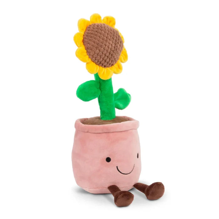 Plush sunflower with yellow petals, textured brown center, green stem, and a smiling pink pot with brown legs.