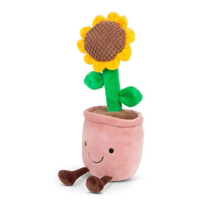 Plush sunflower with yellow petals and green stem in a smiling pink pot with brown dangling legs.