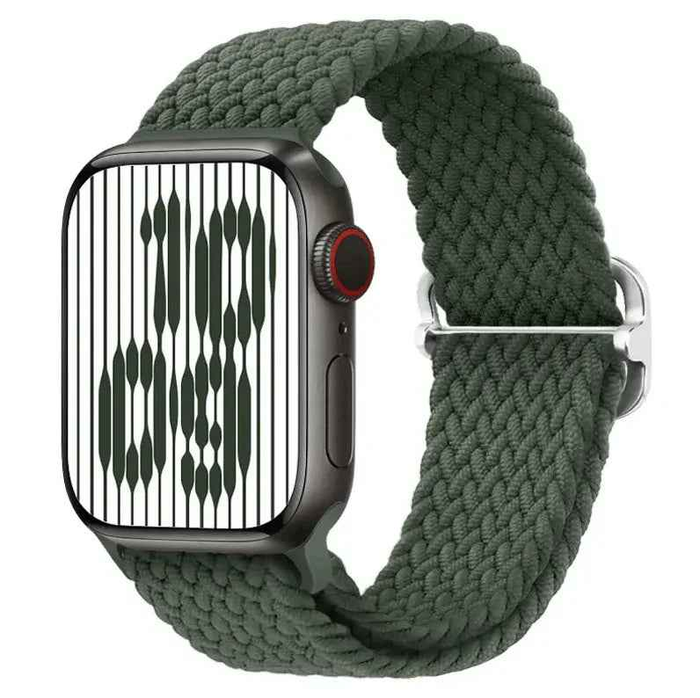 Techplus rainbow Apple Watch nylon band with adjustable braided design and lightweight, stretchy material for comfortable wear.